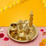 Traditional Puja Thali Set with Diya, Loti, Bell, Katori, Incense Stand in Bronze