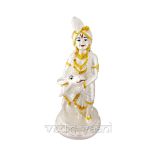 Lord Sri Krishna with Cow Statue in Fine White Pearl Mat Gold Look