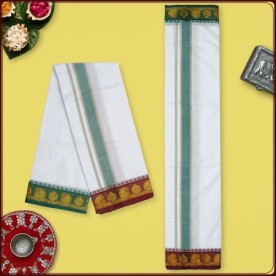 WHITE PUJA ANGAVASTRA DHOTI WITH GREEN BORDER FOR MEN'S
