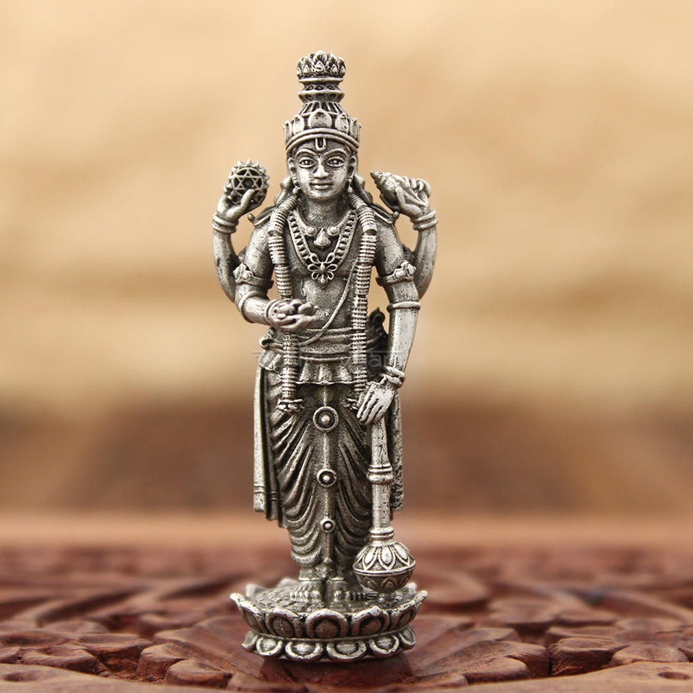 Chaturbhuj Lord Vishnu Idol (Statue) in Pure Silver- Vedic Vaani