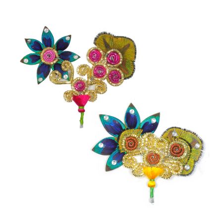 Deity Crown Decorative Pins with Peacock Feather, Small Flowers