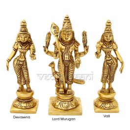 Murugan and His Two Wives Valli and Devasena Idols in Brass-