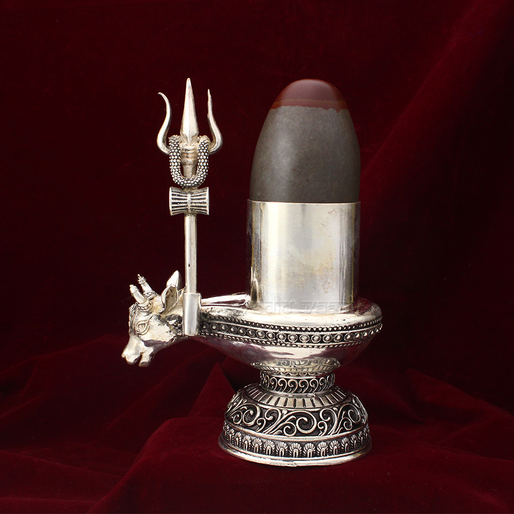 Narmada Shivling with Trishul & Nandi in Silver Yonibase- Vedic