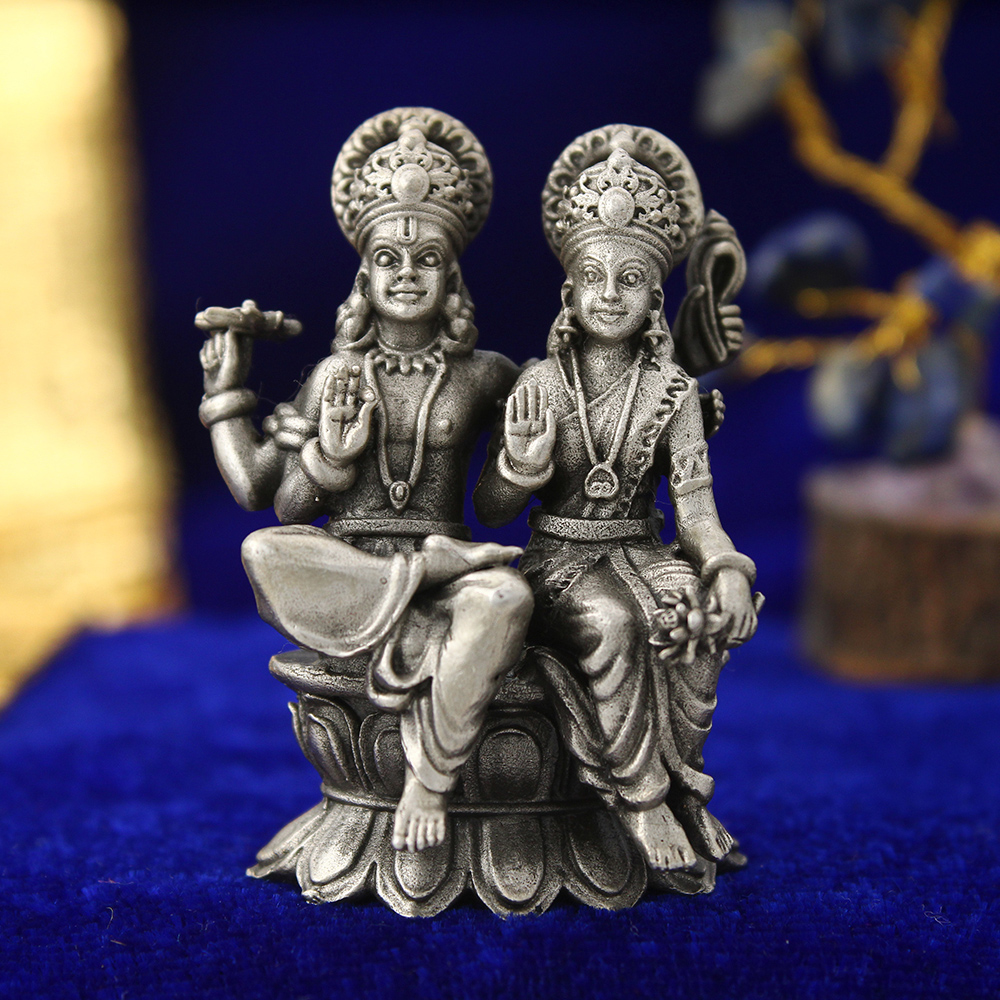 Vishnu Lakshmi Idol in Silver Oxidize Finish- Vedic Vaani